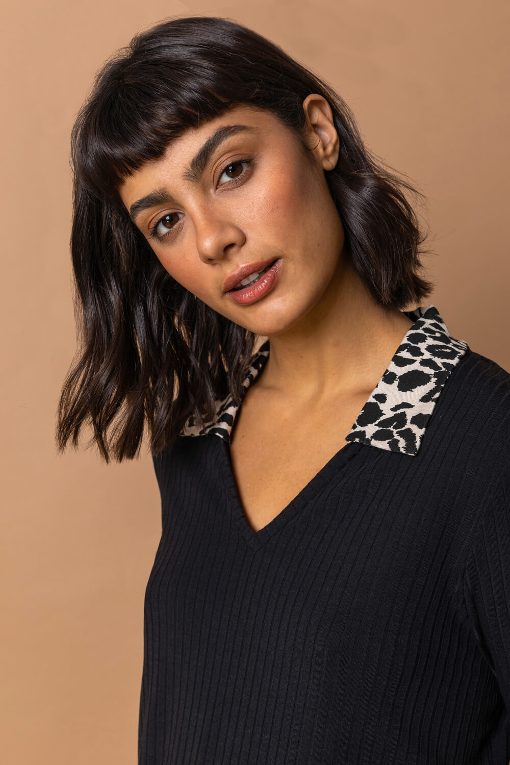 Black Leopard Print Collar Ribbed Long Sleeve Top, Image 4 of 5
