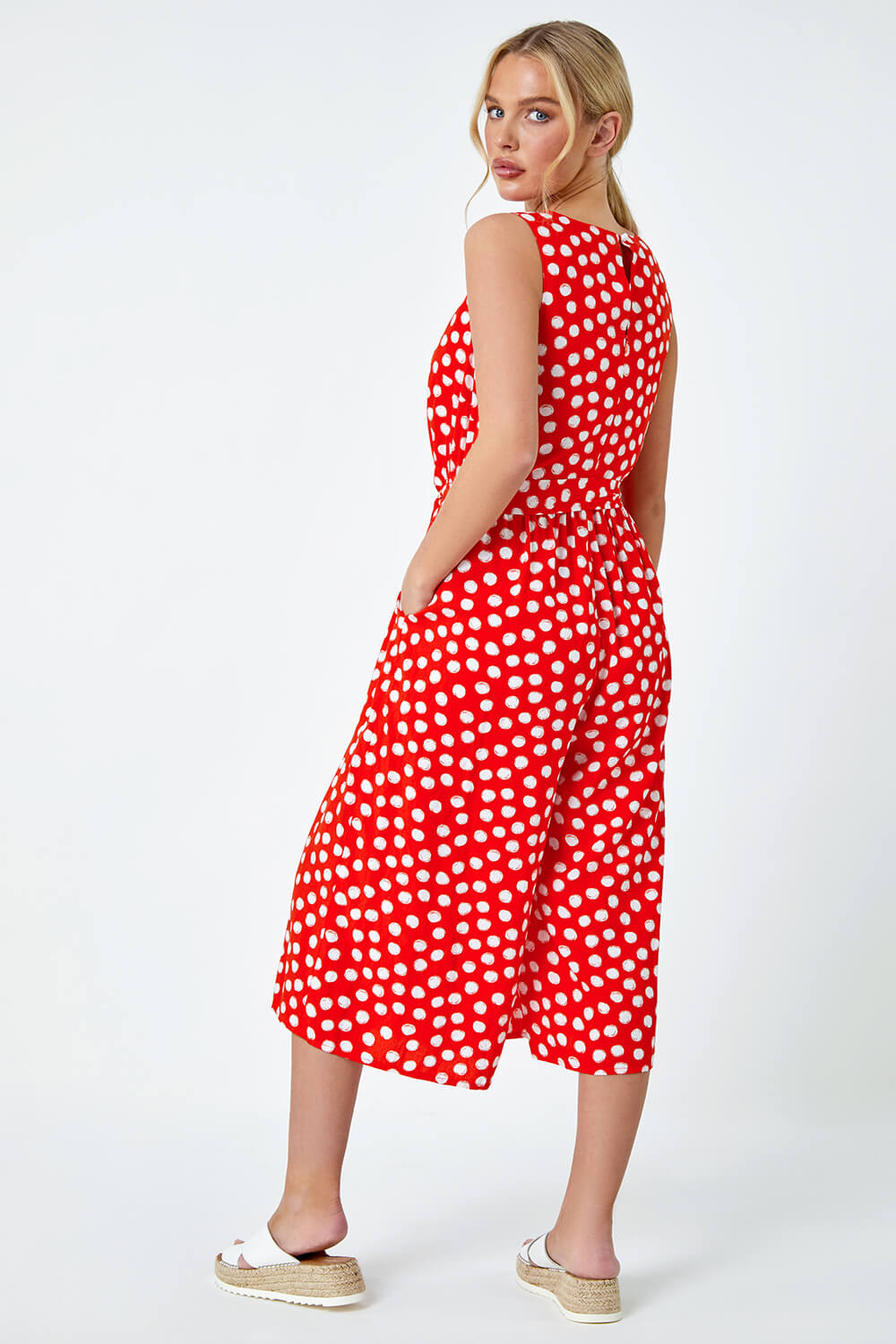 Red Petite Polka Dot Cropped Jumpsuit, Image 3 of 5