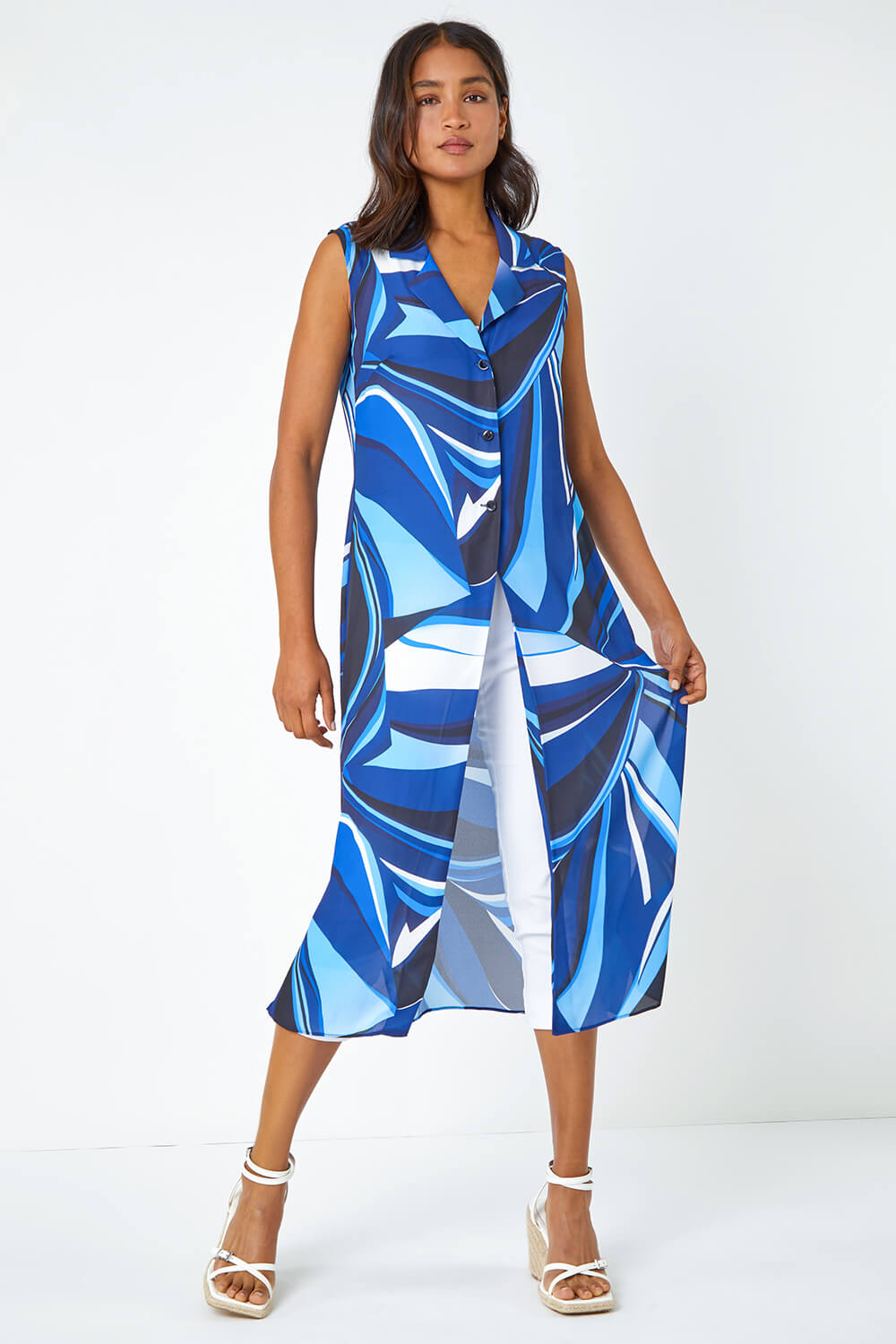 Blue Abstract Print Longline Button Blouse, Image 2 of 5