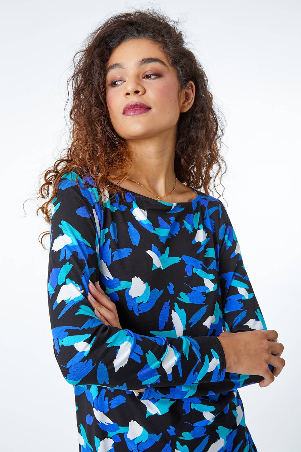 Abstract Print Stretch Tunic Top in Blue - Roman Originals UK