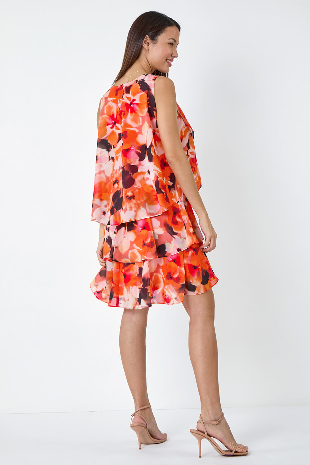 ORANGE Floral Print Tiered Layer Dress, Image 3 of 5