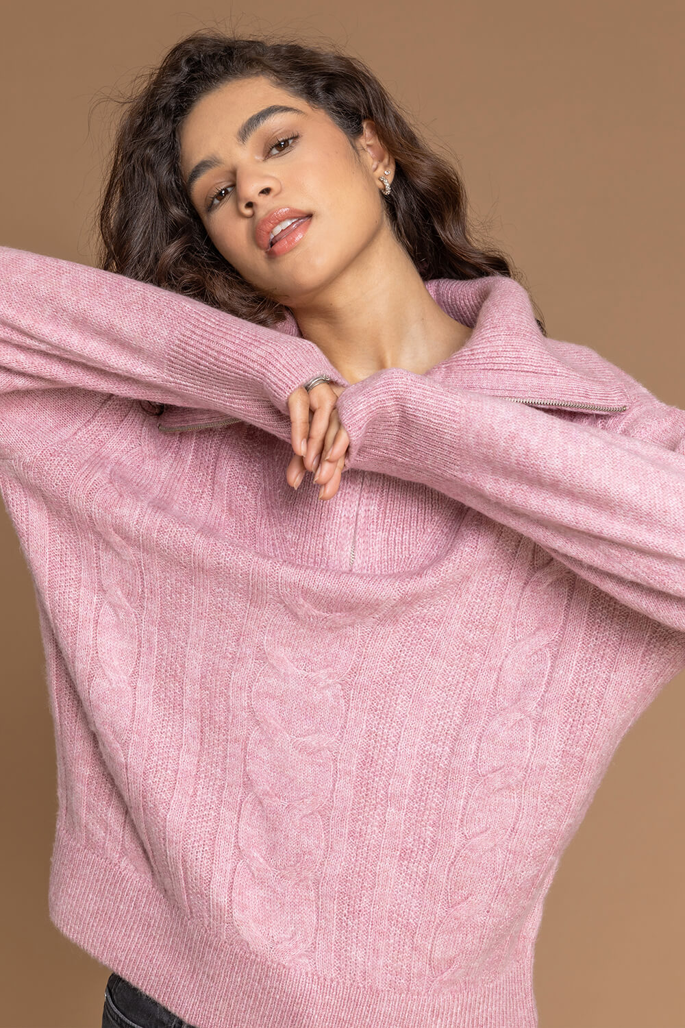PINK Cable Knit Zip Collar Jumper, Image 4 of 5