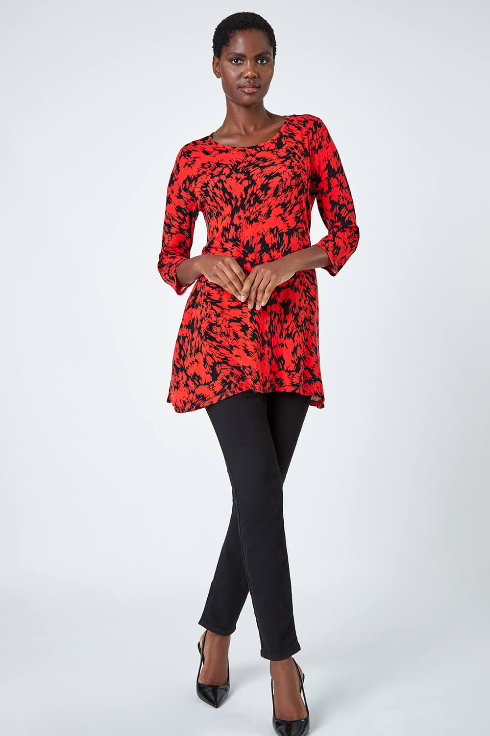 Red Abstract Print Hanky Hem Tunic Top, Image 2 of 5