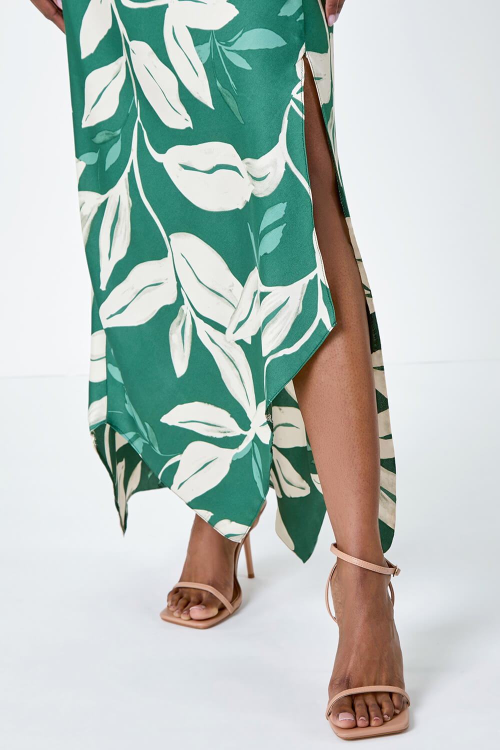 Green Leaf Print Satin Midi Dress, Image 5 of 6