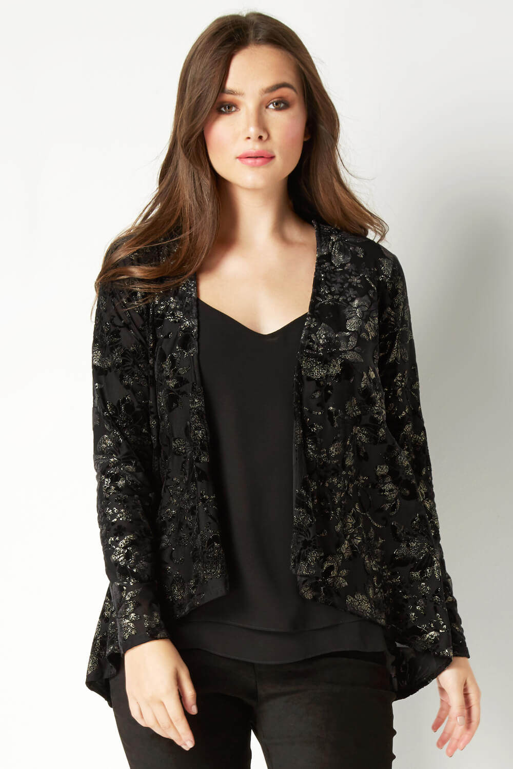 Velvet Floral Burnout Kimono in Black - Roman Originals UK