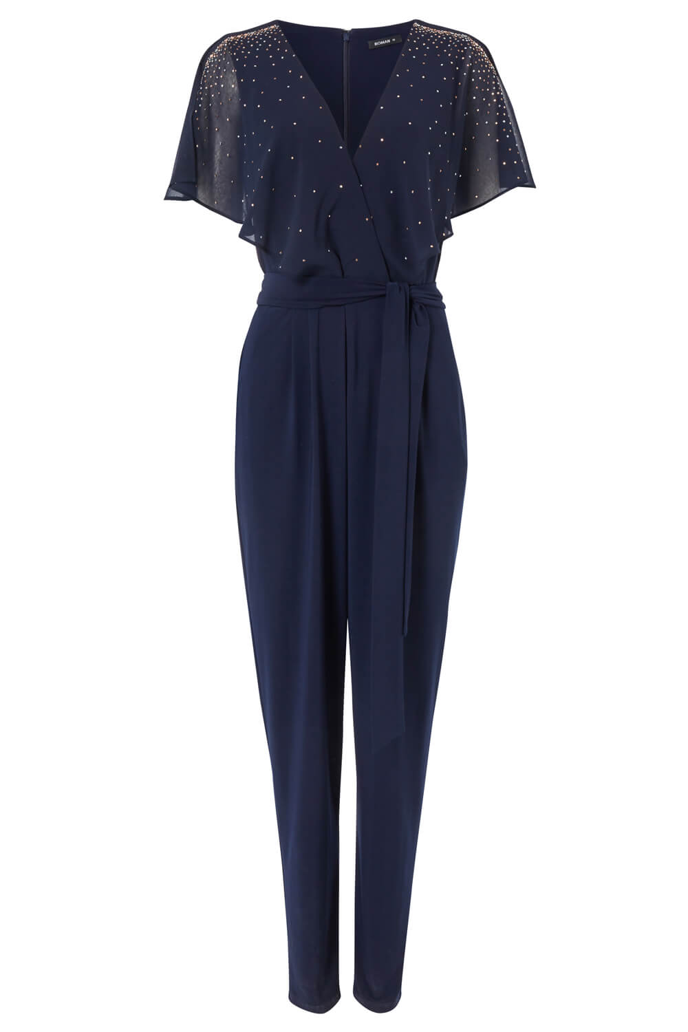 Midnight Blue Sparkle Embellished Belted Jumpsuit, Image 4 of 4