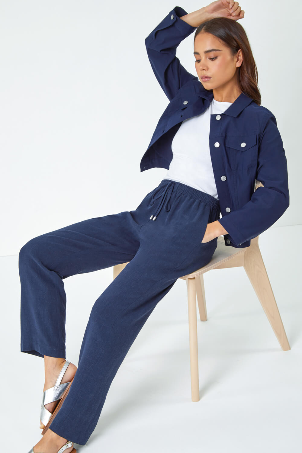 Navy  Petite Linen Mix Trousers, Image 2 of 5