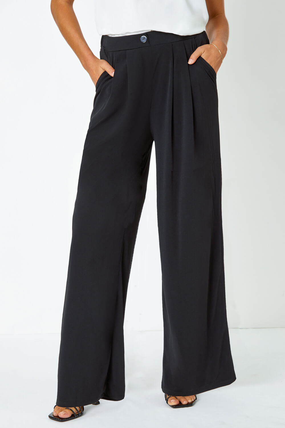 Black Button Detail Wide Leg Stretch Trousers, Image 4 of 5