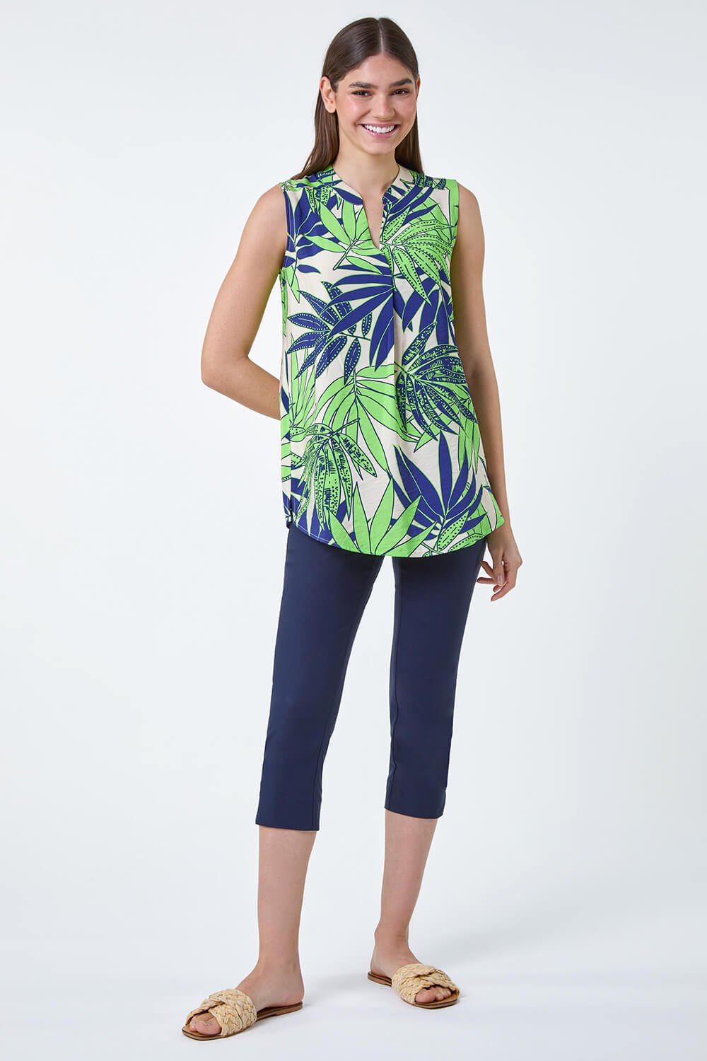 Palm Leaf Tropical Print Sleeveless Blouse