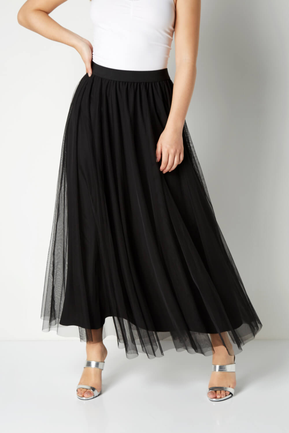 Pleated Mesh Maxi Skirt in Black - Roman Originals UK