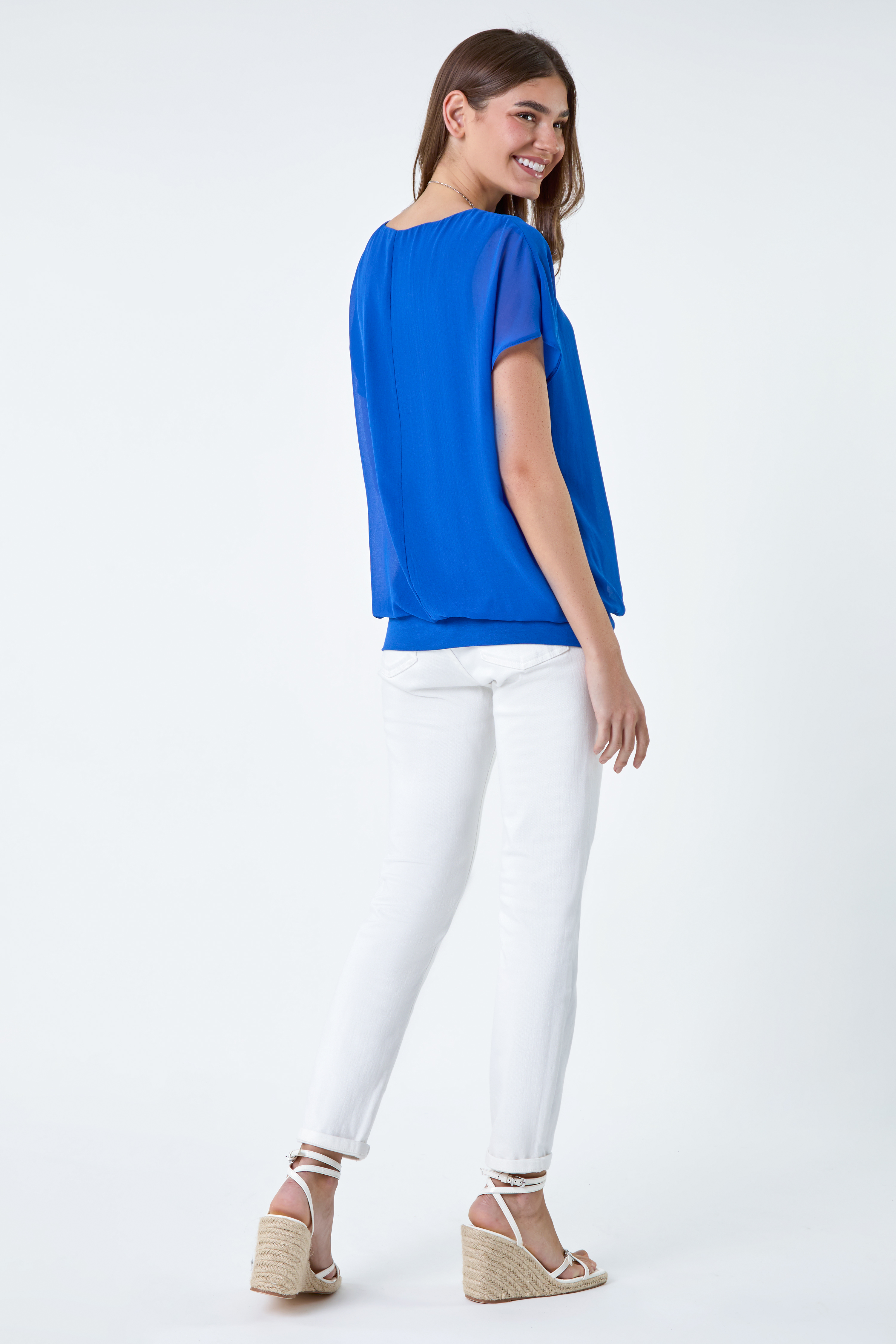 Royal Blue Chiffon Jersey Blouson Top with Necklace, Image 3 of 5
