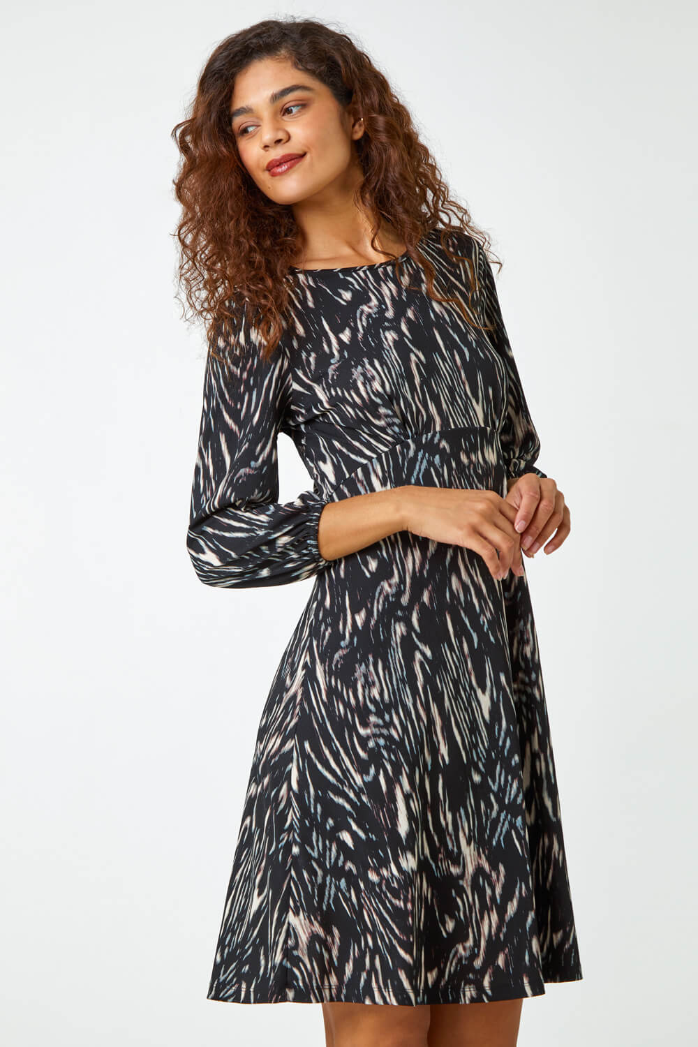 Black Abstract Print Stretch Swing Dress, Image 2 of 5