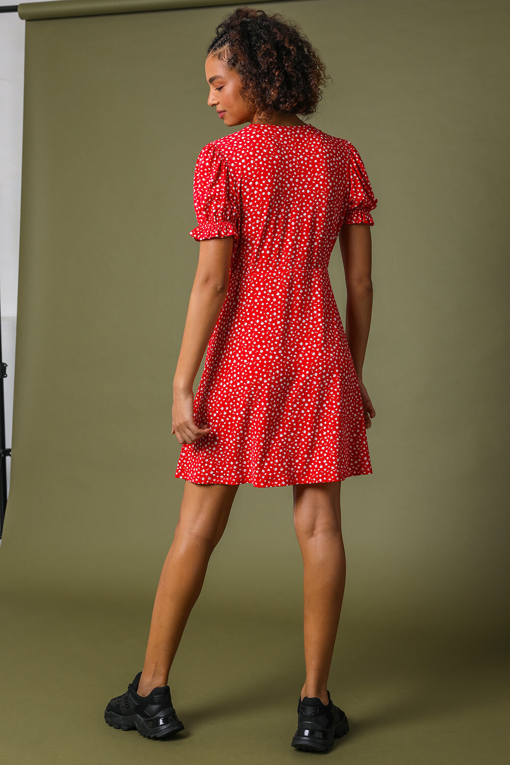 Red Ditsy Floral Print Tea Dress, Image 2 of 5