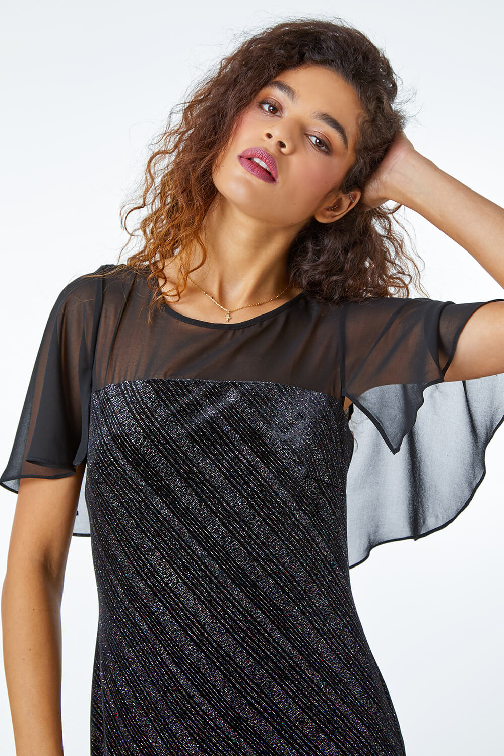 Black Velvet Shimmer Cape Detail Dress, Image 4 of 5
