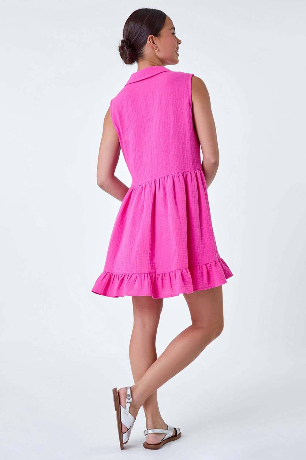 PINK Petite Textured Cotton Frill Tunic Dress, Image 3 of 5