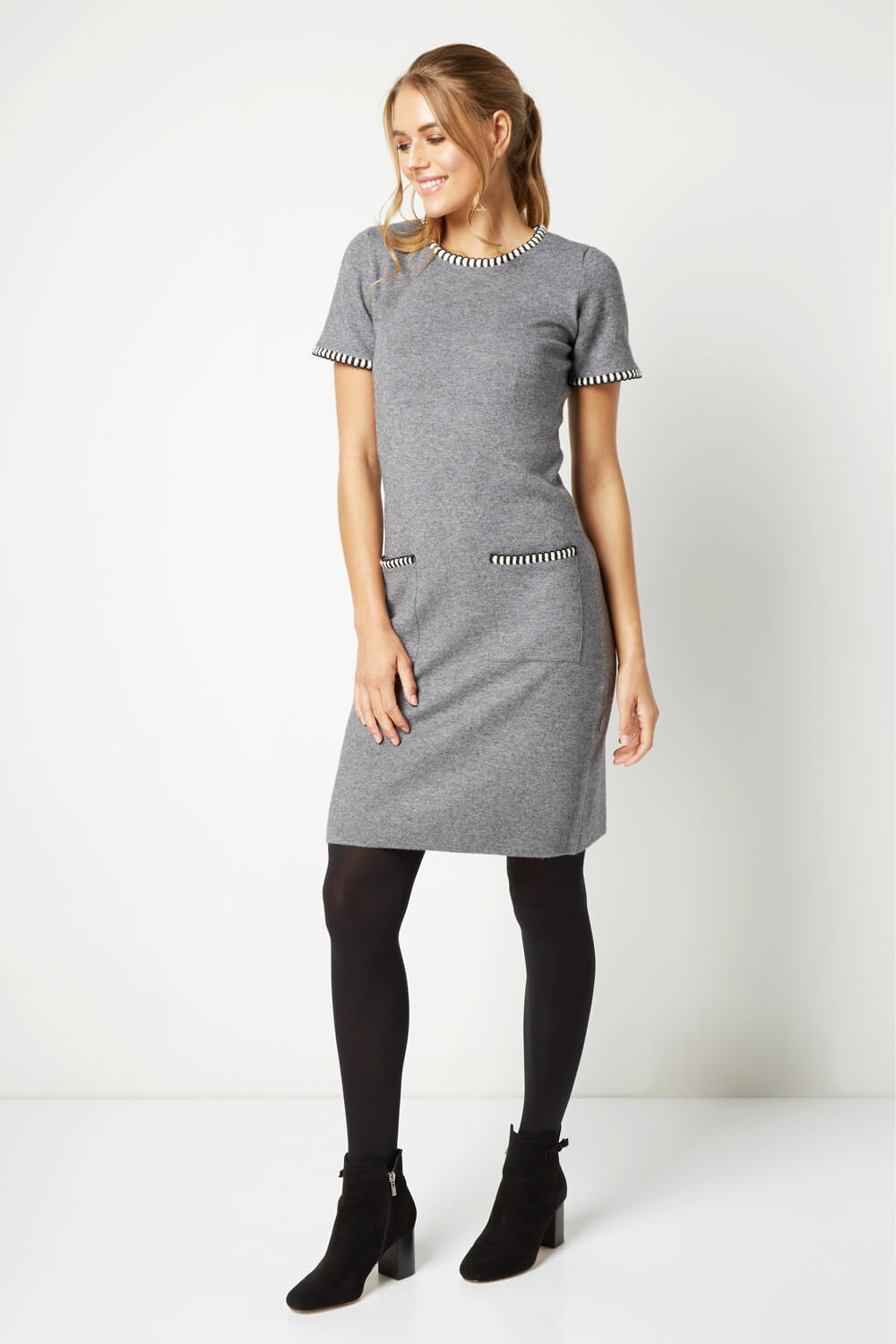 Grey Contrast Trim Knit Dress, Image 2 of 5