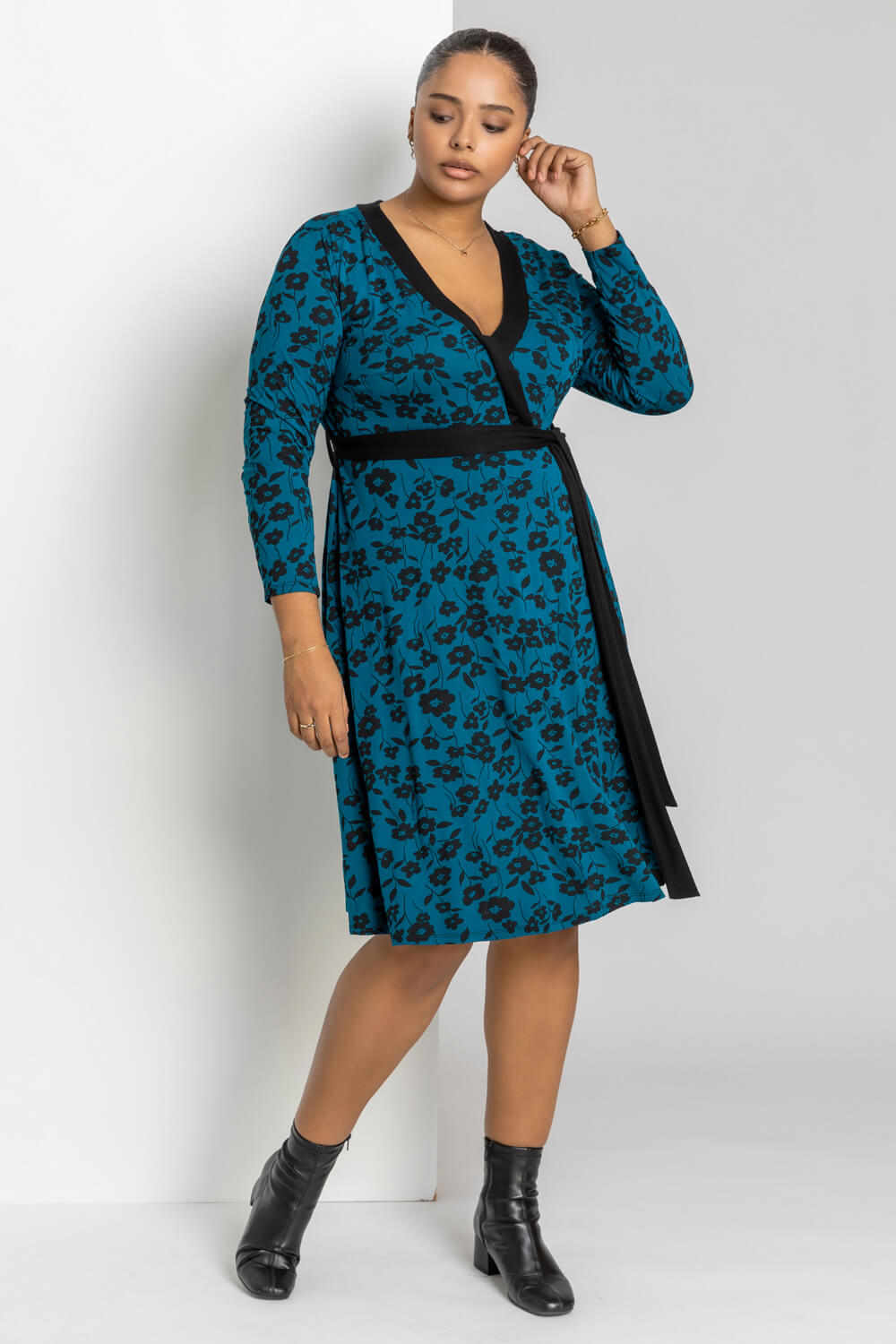 Petrol Blue Curve Floral Contrast Print Wrap Dress, Image 3 of 4