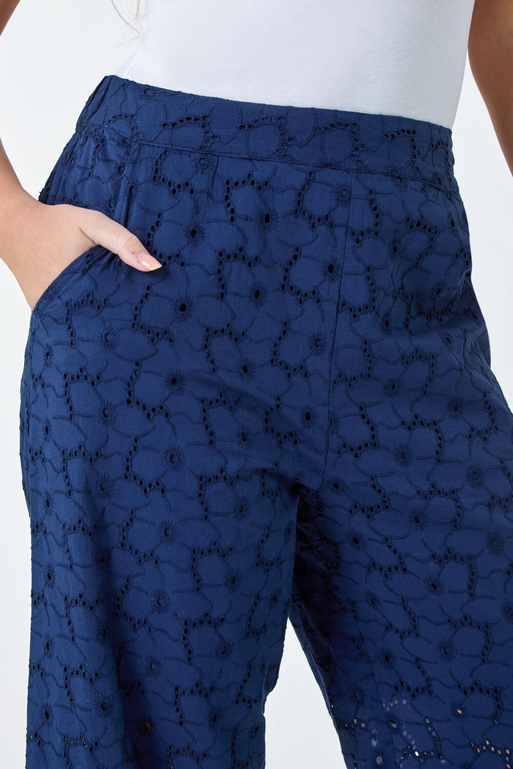Navy  Petite Cotton Broderie Culotte Trousers, Image 5 of 5