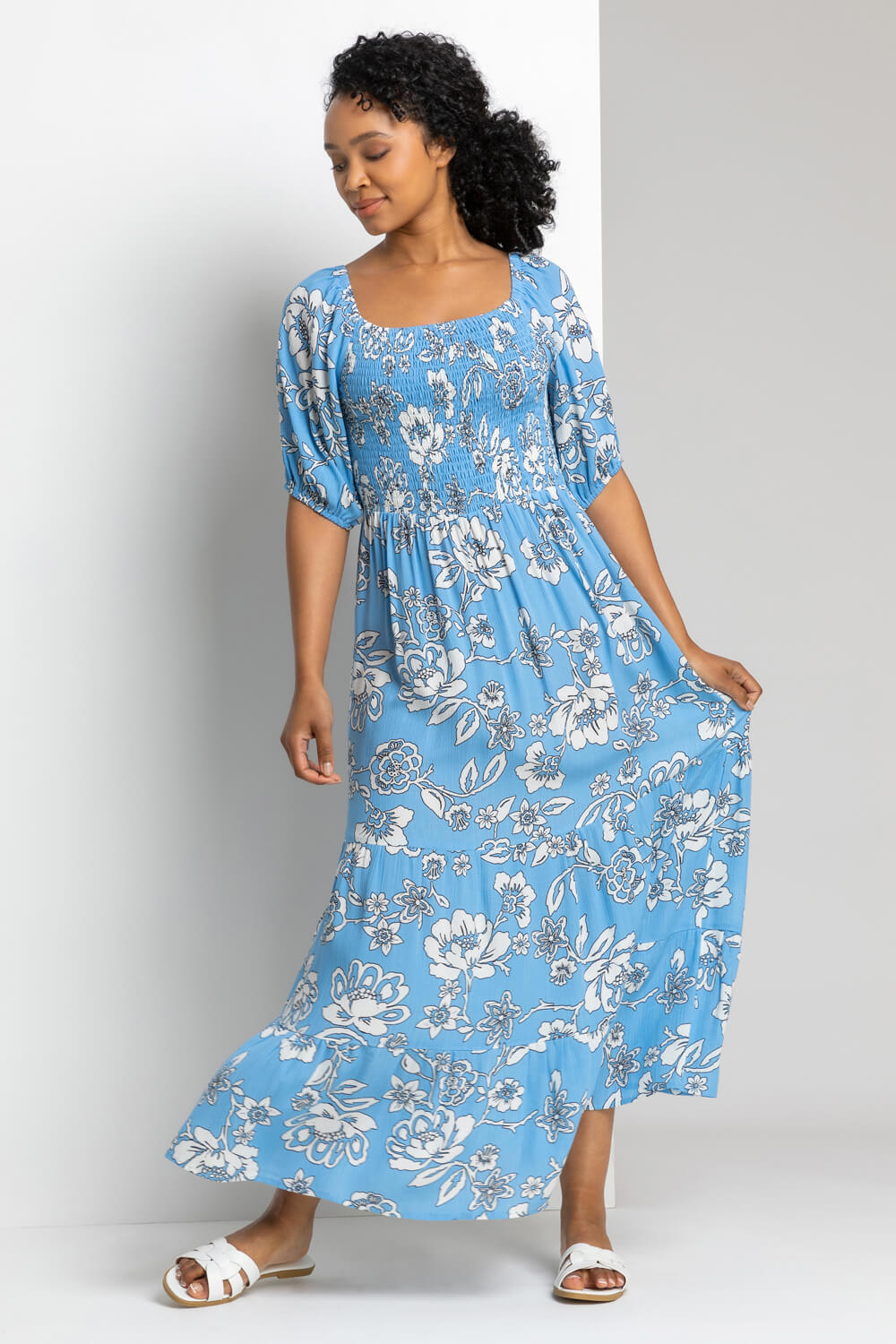 Blue Petite Floral Print Shirred Bodice Maxi Dress, Image 3 of 4