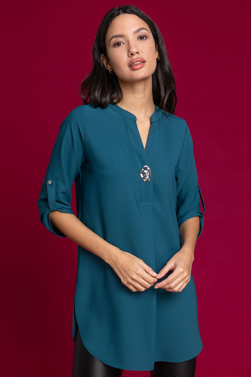 Teal Longline Button Detail Tunic Top, Image 1 of 4