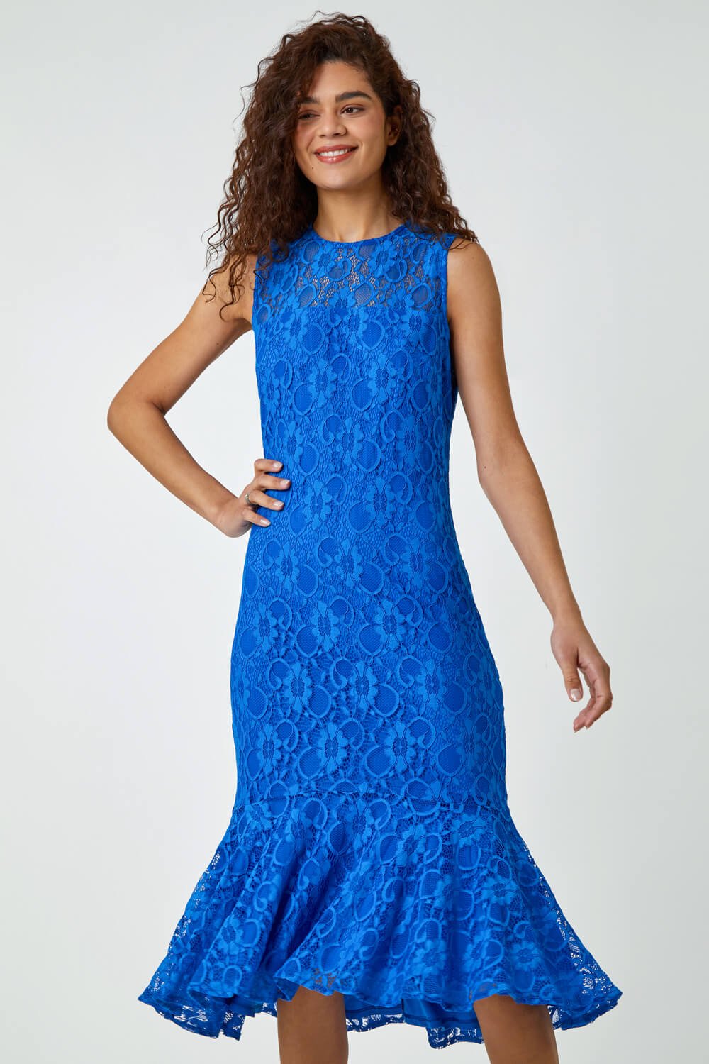 Royal Blue Sleeveless Frill Hem Lace Midi Dress , Image 2 of 5