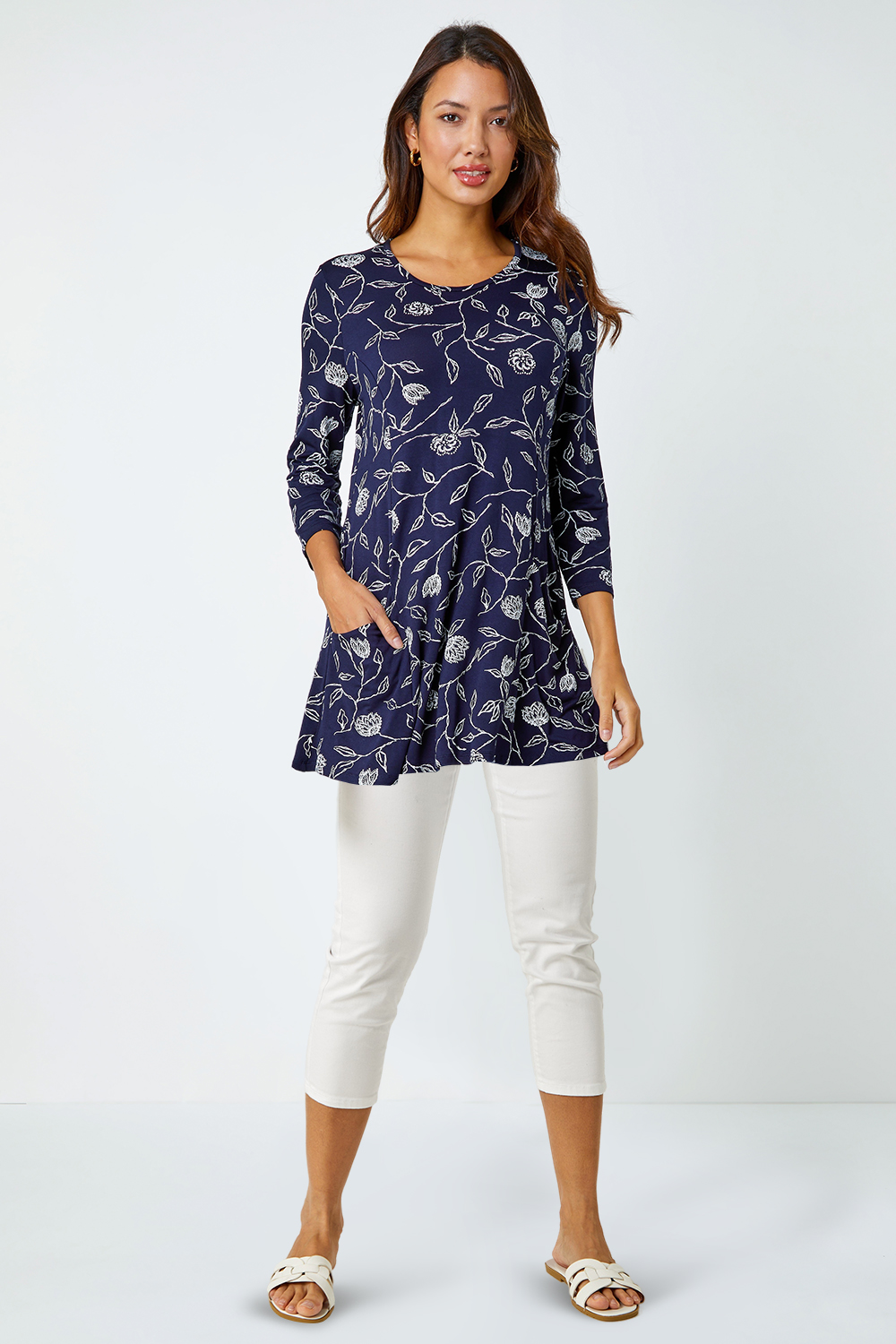 Navy  Floral Print Pocket Swing Stretch Top , Image 2 of 5