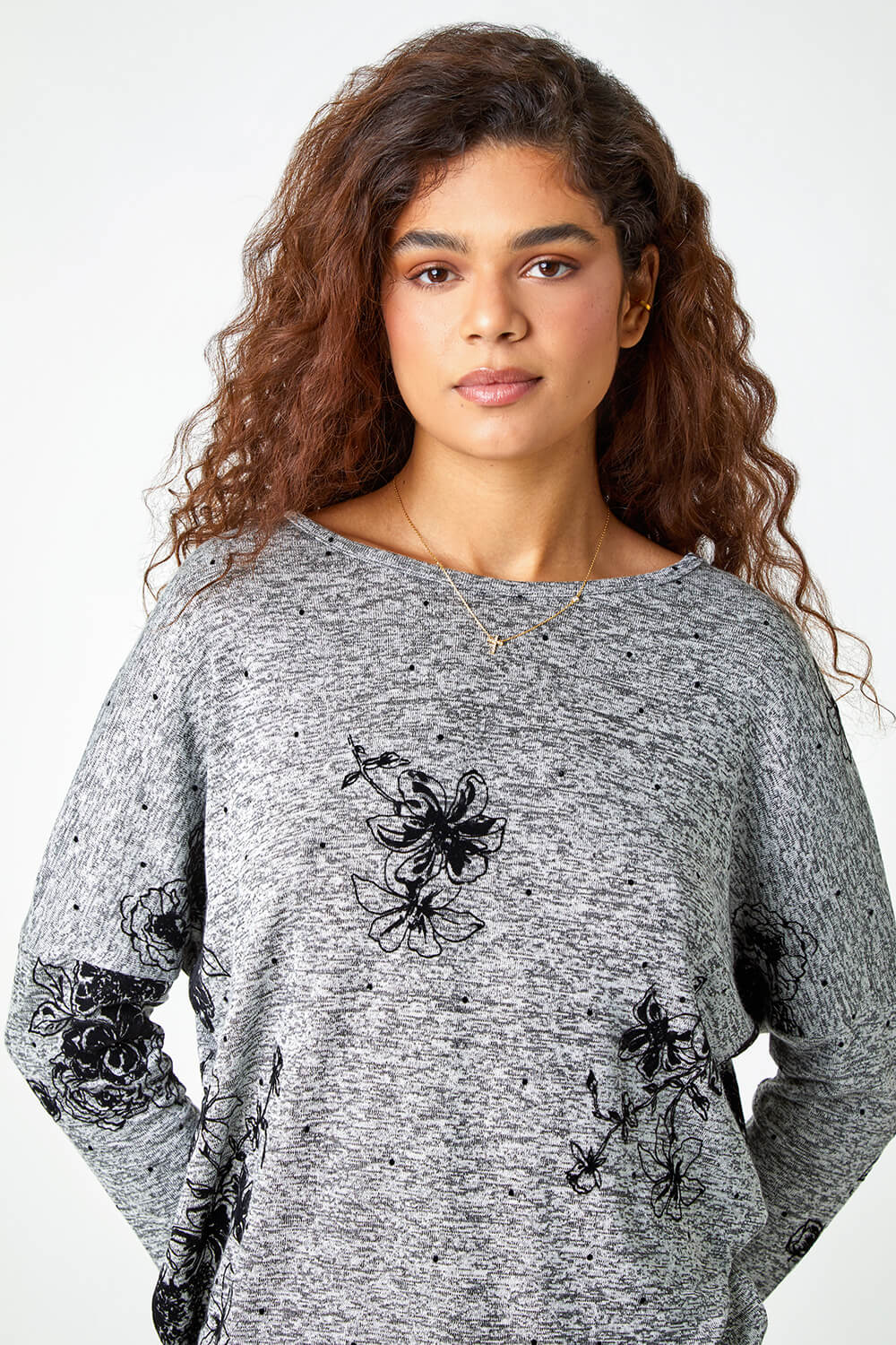 Grey Textured Floral Print Stretch Top, Image 4 of 5