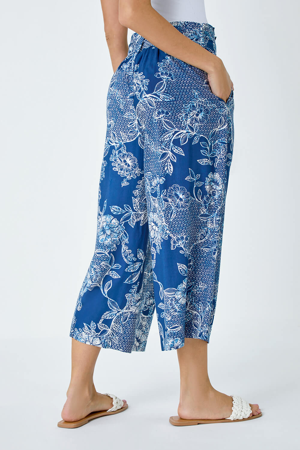 Blue Floral Print Cropped Tie Trousers, Image 3 of 5