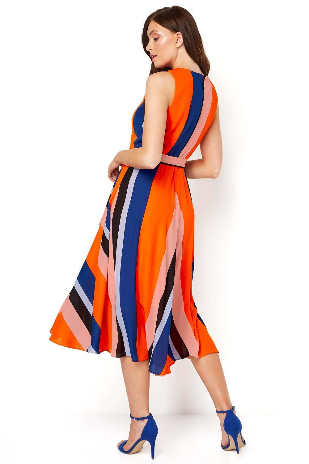 ORANGE Pleated Stripe Fit and Flare Midi Dress, Image 4 of 5