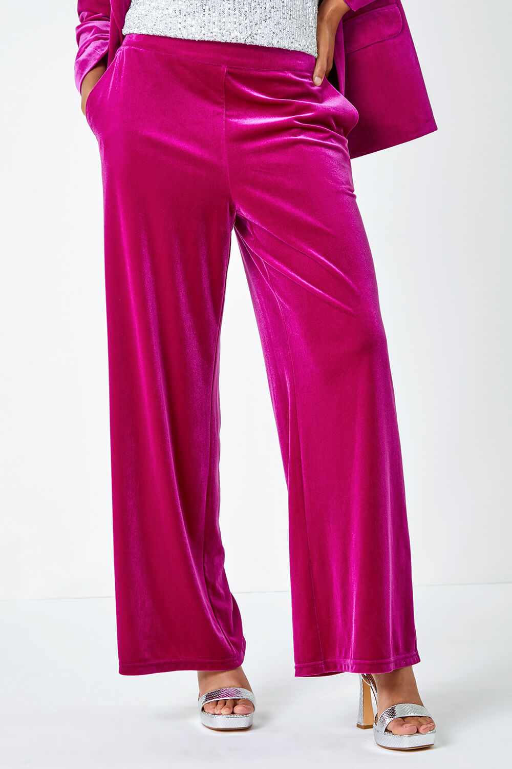 PINK Wide Leg Velvet Stretch Trousers, Image 4 of 6