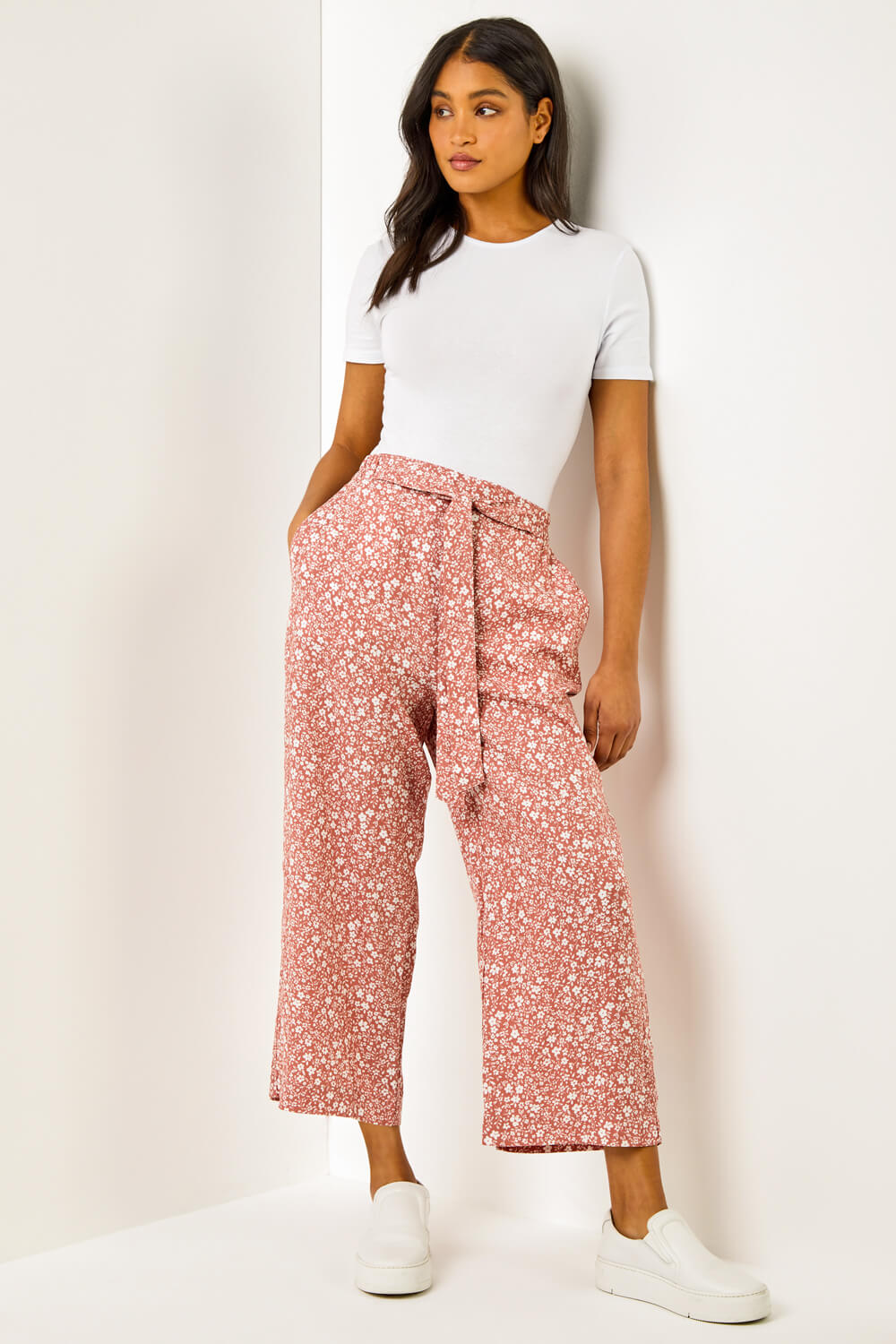 Rust Ditsy Floral Elastic Tie Waist Cropped Culottes, Image 2 of 5