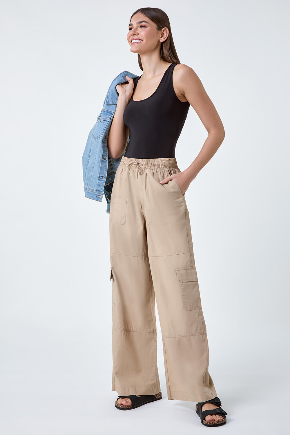 Natural  Cotton Wide Leg Cargo Trousers, Image 2 of 7