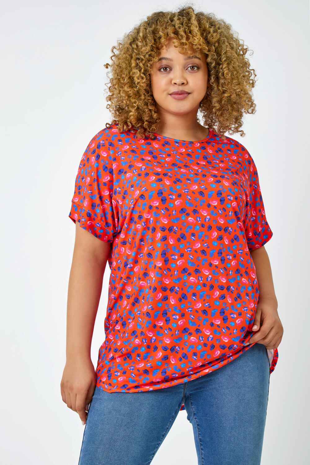 Red Curve Animal Print Stretch Top, Image 2 of 5