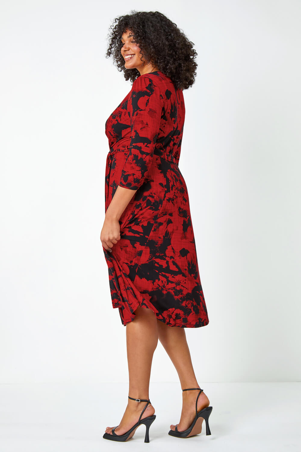 Red Curve Floral Wrap Stretch Midi Dress, Image 3 of 5