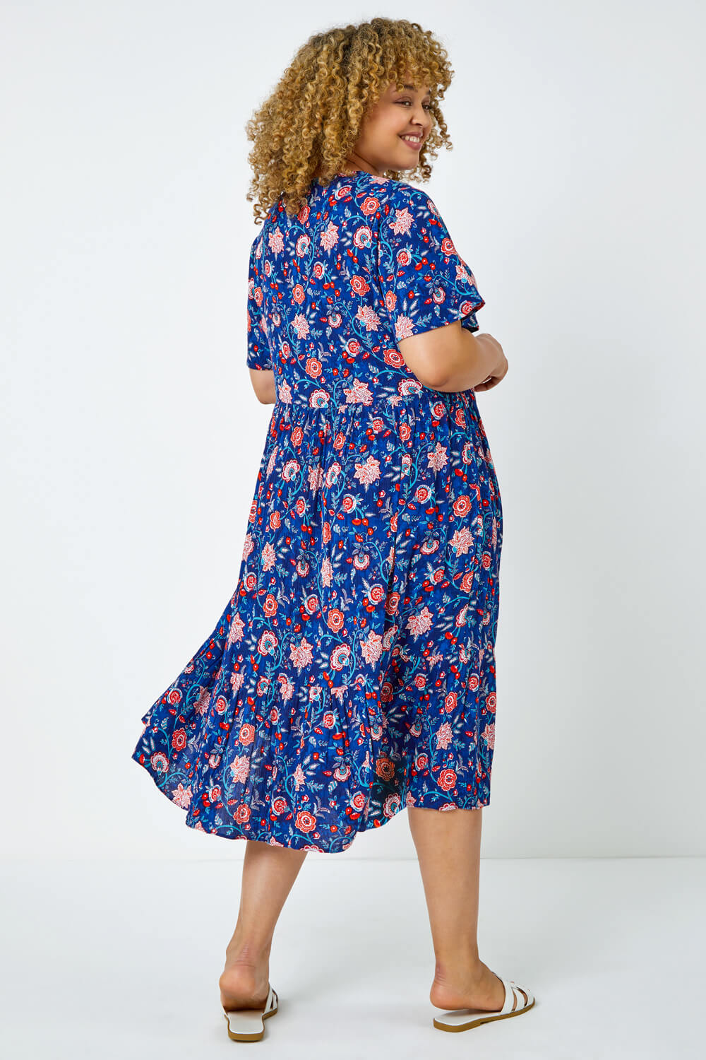 Blue Curve Floral Print Tiered Midi Dress, Image 3 of 5