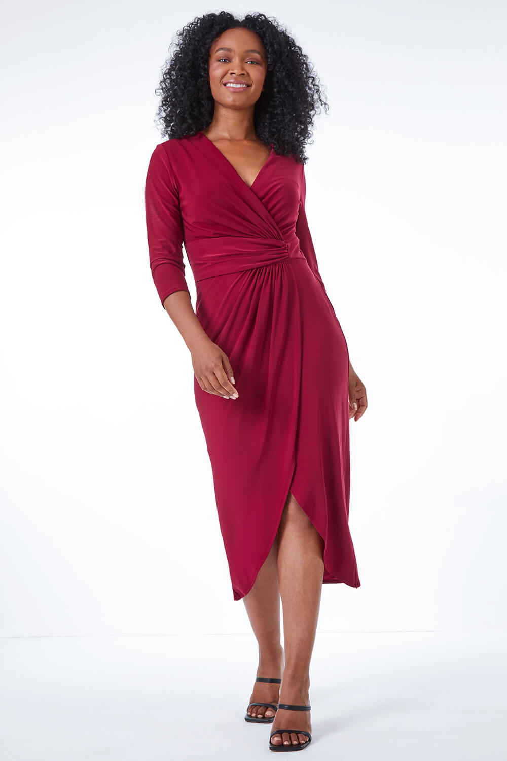Wine Petite Ruched Side Wrap Stretch Midi Dress, Image 2 of 5