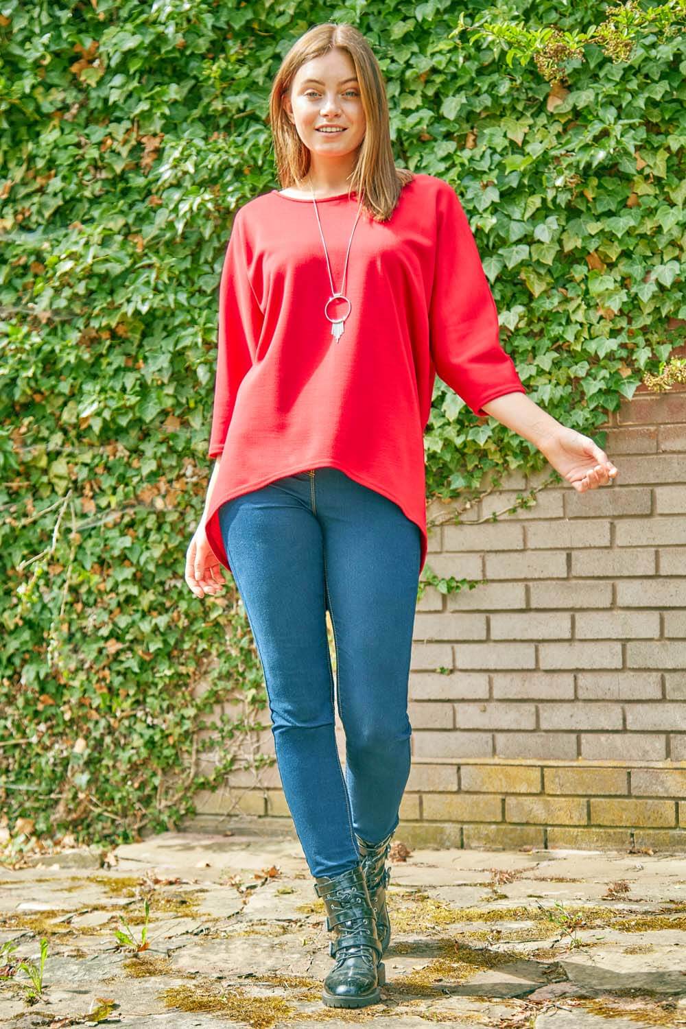 Red Necklace Detail Batwing Slouch Lounge Top, Image 3 of 4