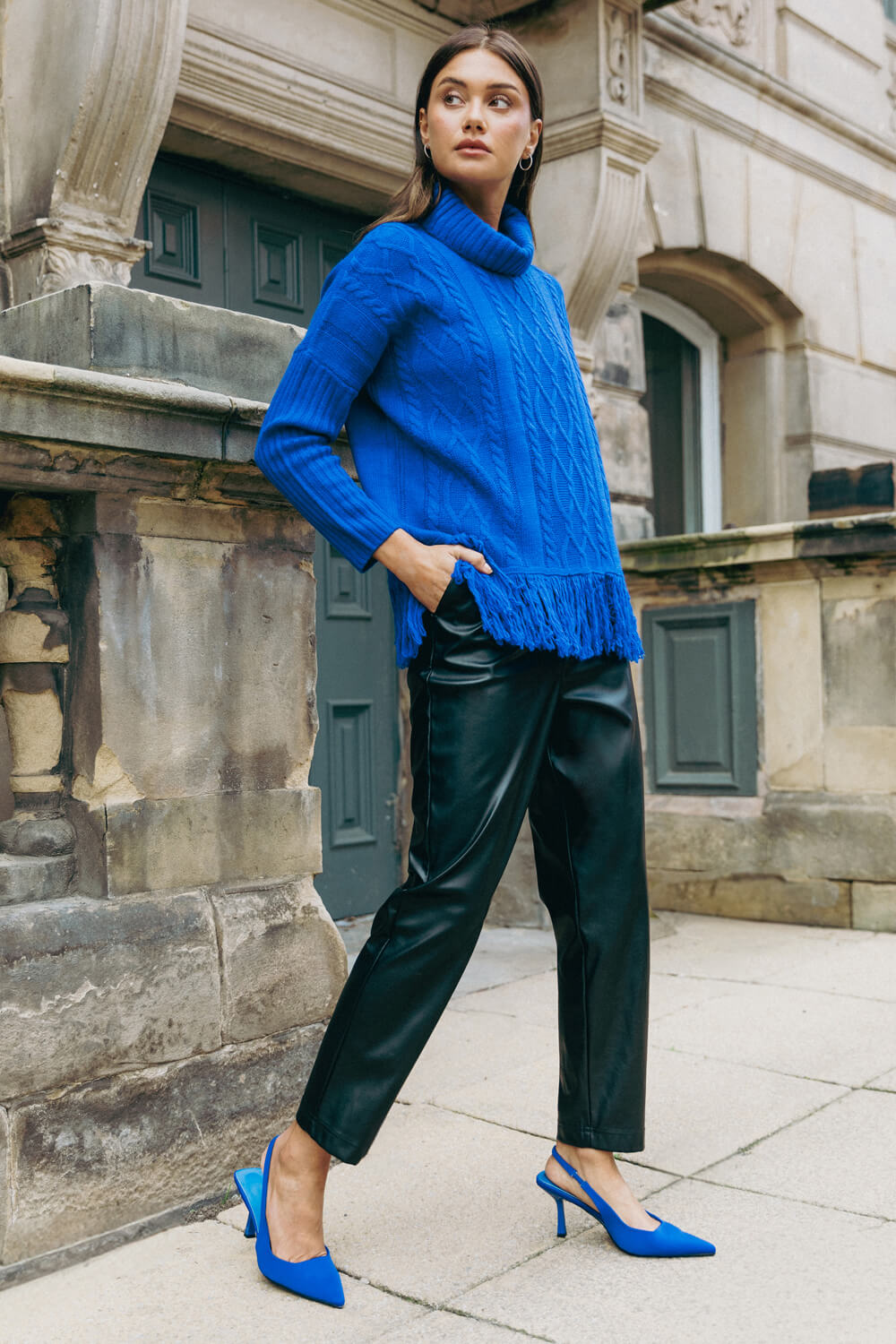 Blue Cable Knit Roll Neck Fringed Jumper, Image 2 of 6