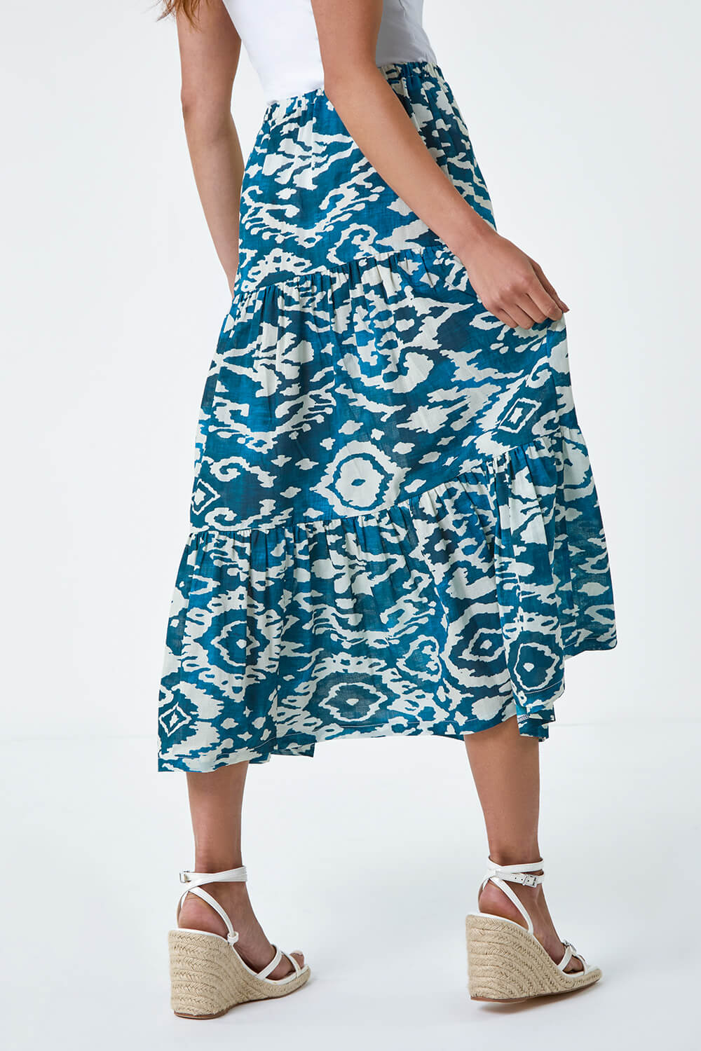 Teal Petite Aztec Print Cotton Midi Skirt, Image 3 of 5