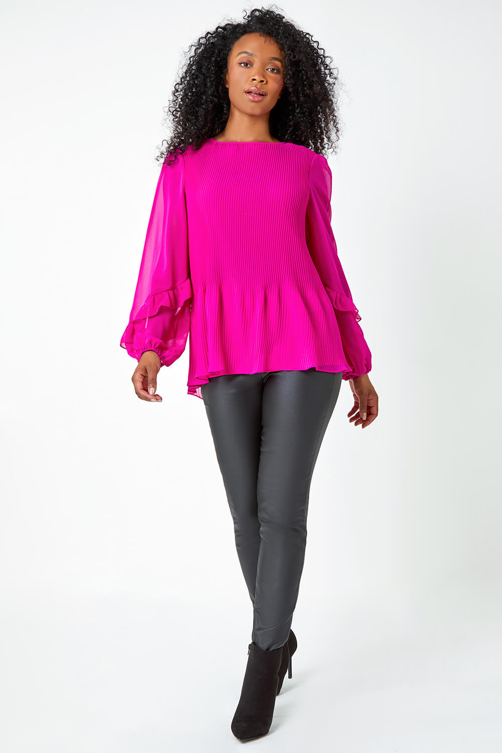 Fuchsia Petite Pleated Frill Detail Top, Image 2 of 6