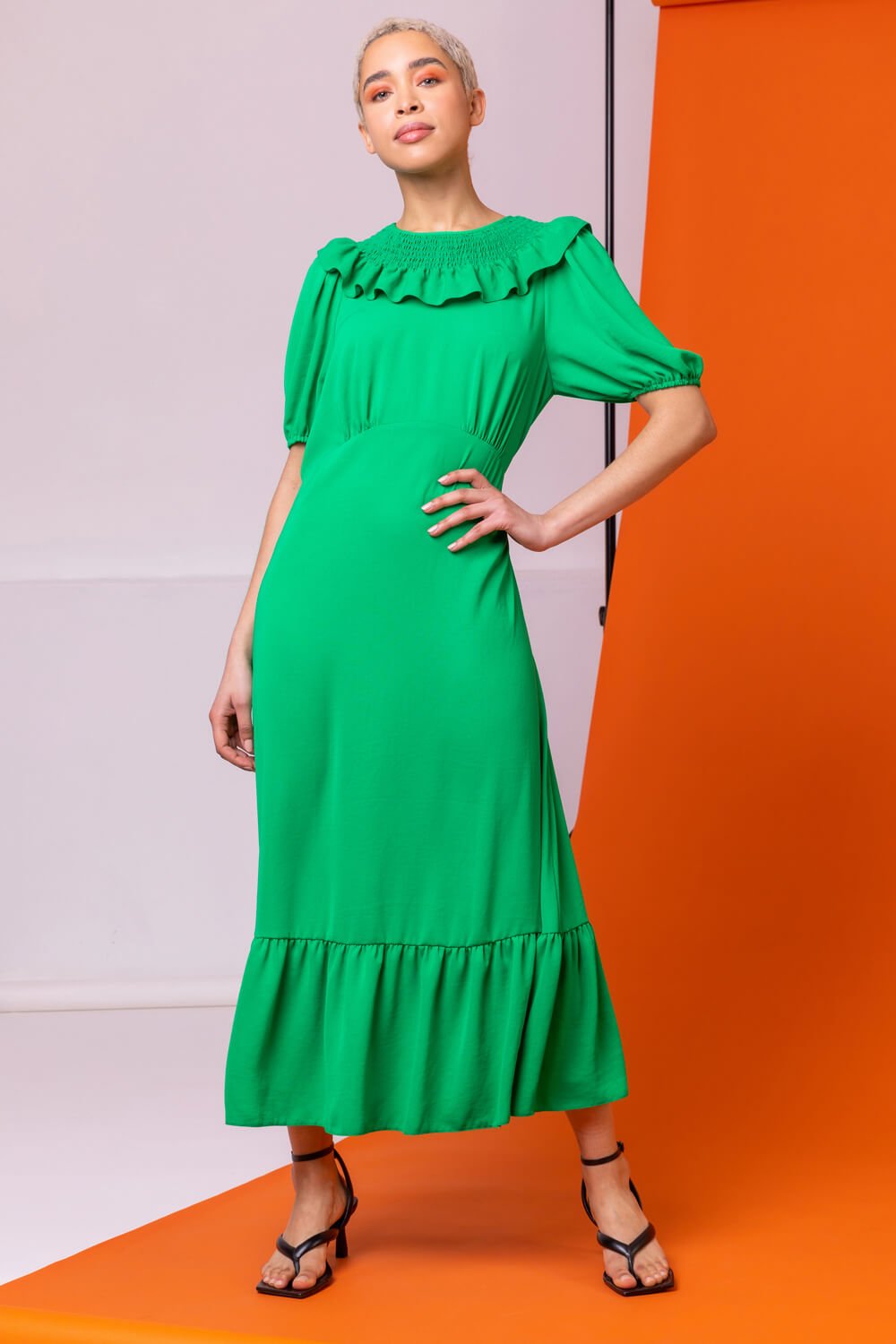 Green Frill Collar Detail Midi Dress, Image 1 of 4