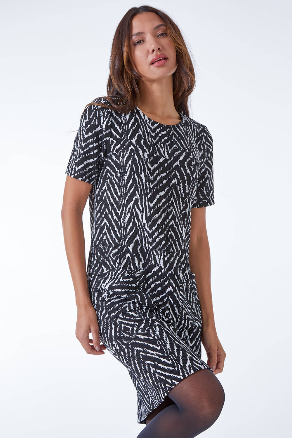 Black Zebra Print Textured Tunic Dress, Image 3 of 5