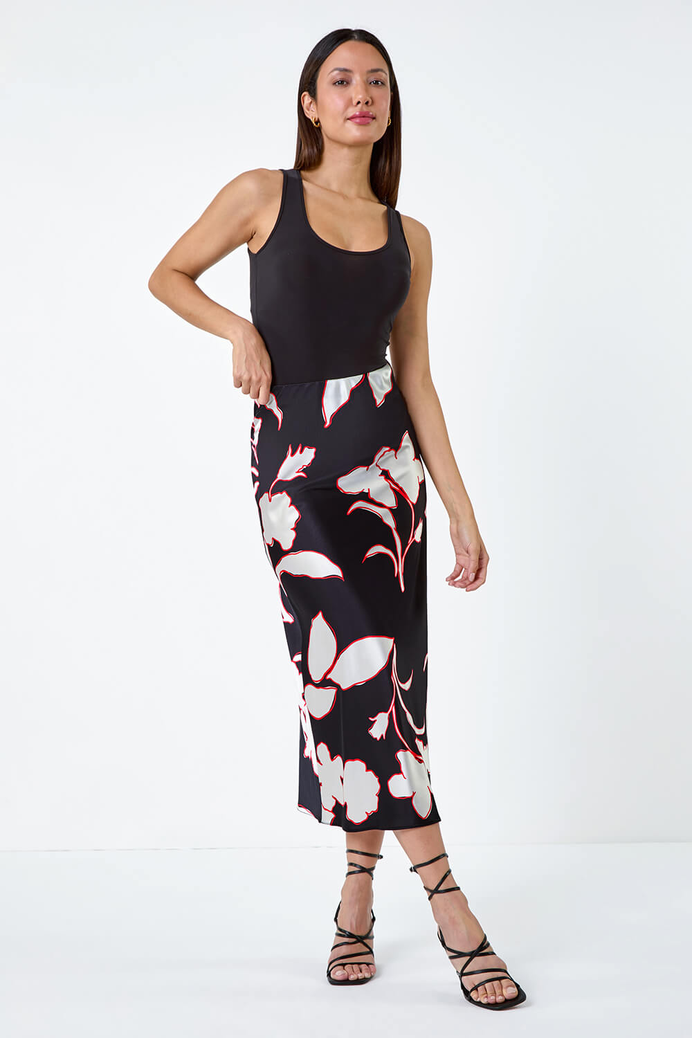 Black Floral Satin Elastic Waist A Line Midi Skirt, Image 4 of 6