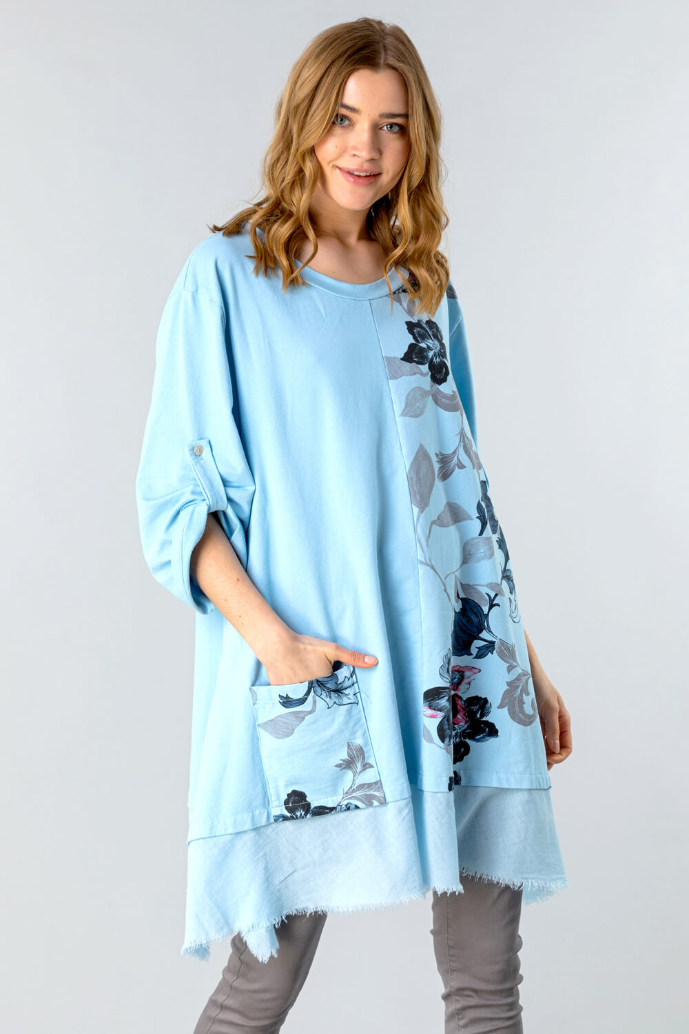 Floral Slouchy Pocket Tunic Top in Light Blue - Roman Originals UK