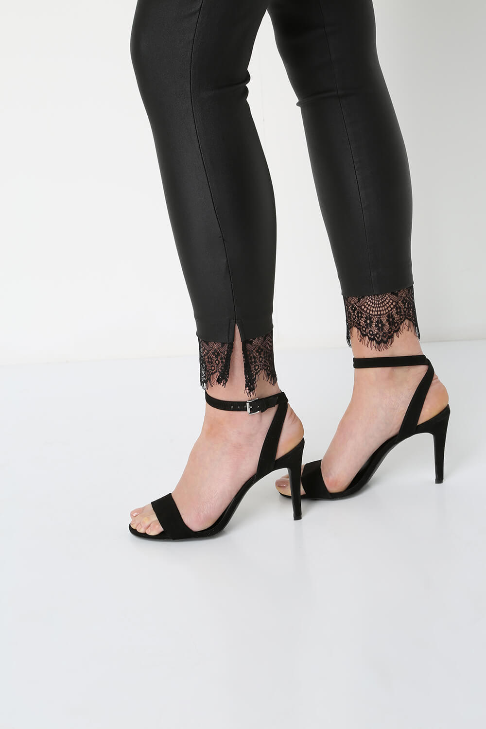 Black Faux Leather Lace Hem Leggings, Image 3 of 4