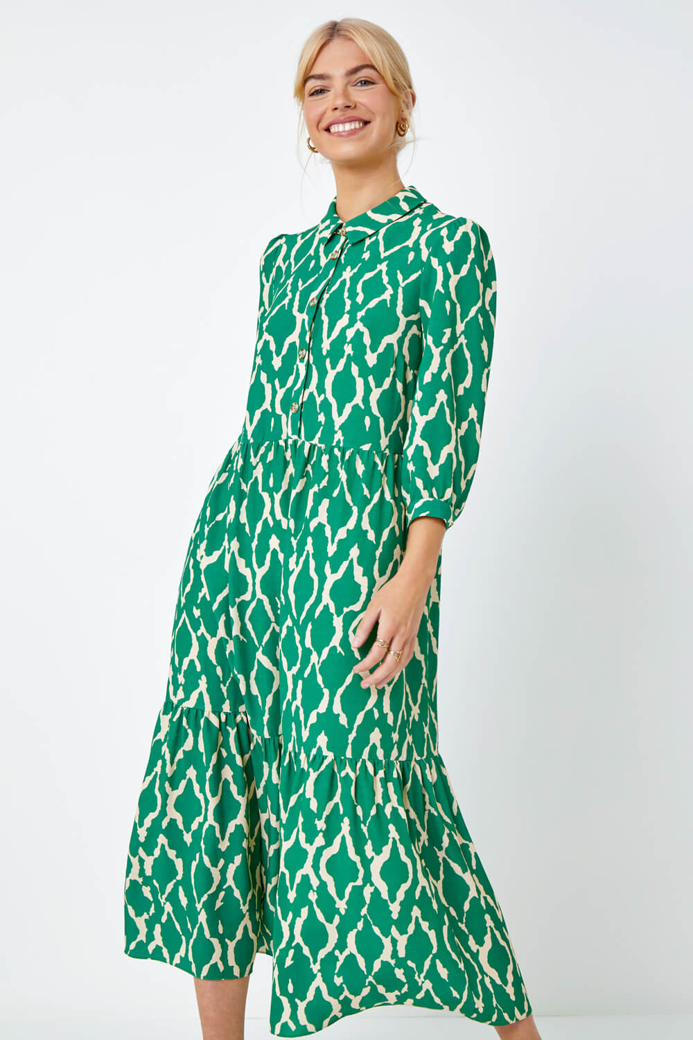 Green Graphic Tiered Shirt Midi Dress , Image 4 of 5