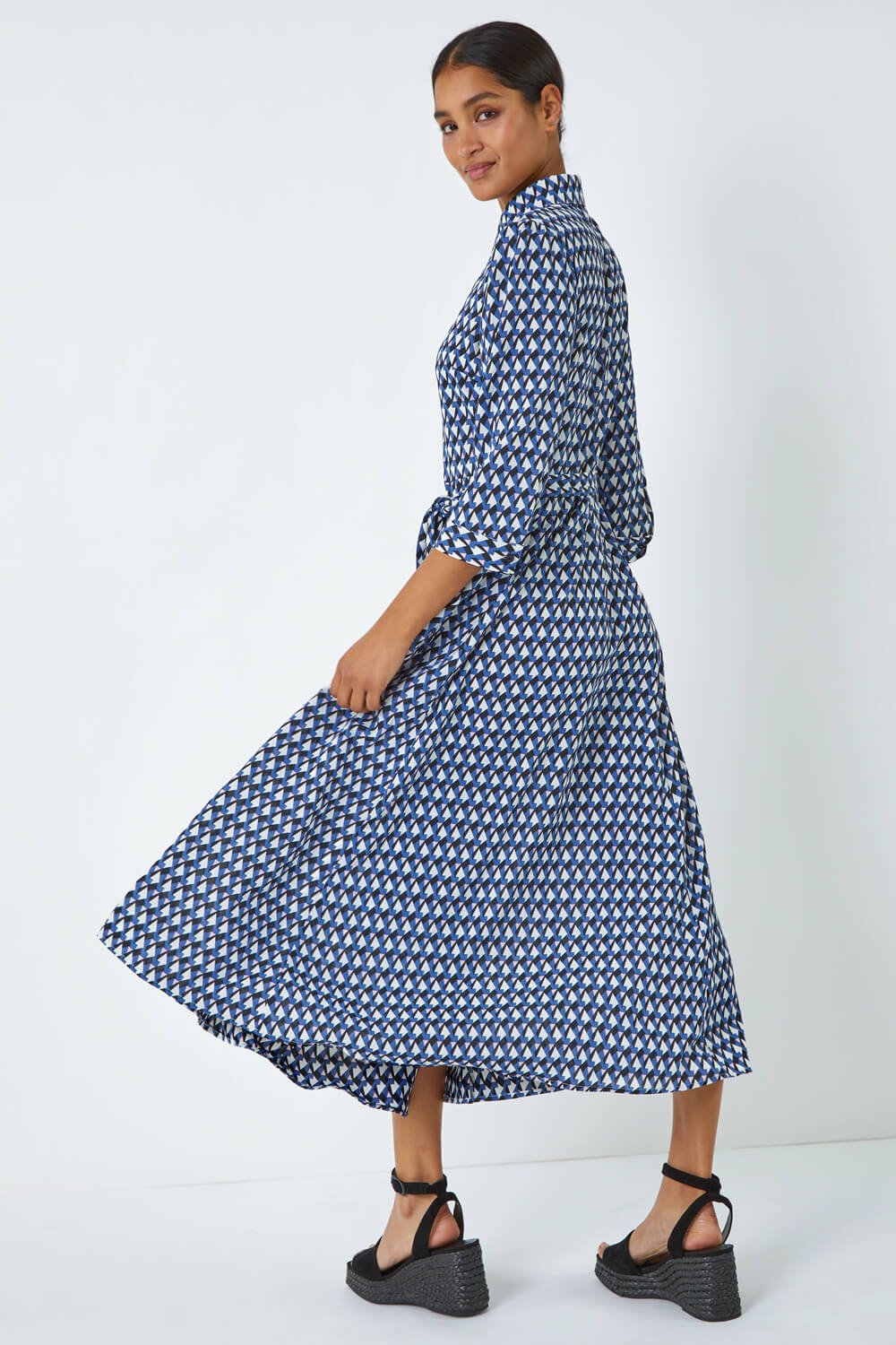 Blue Geometric Print Tie Waist Midi Shirt Dress, Image 3 of 5