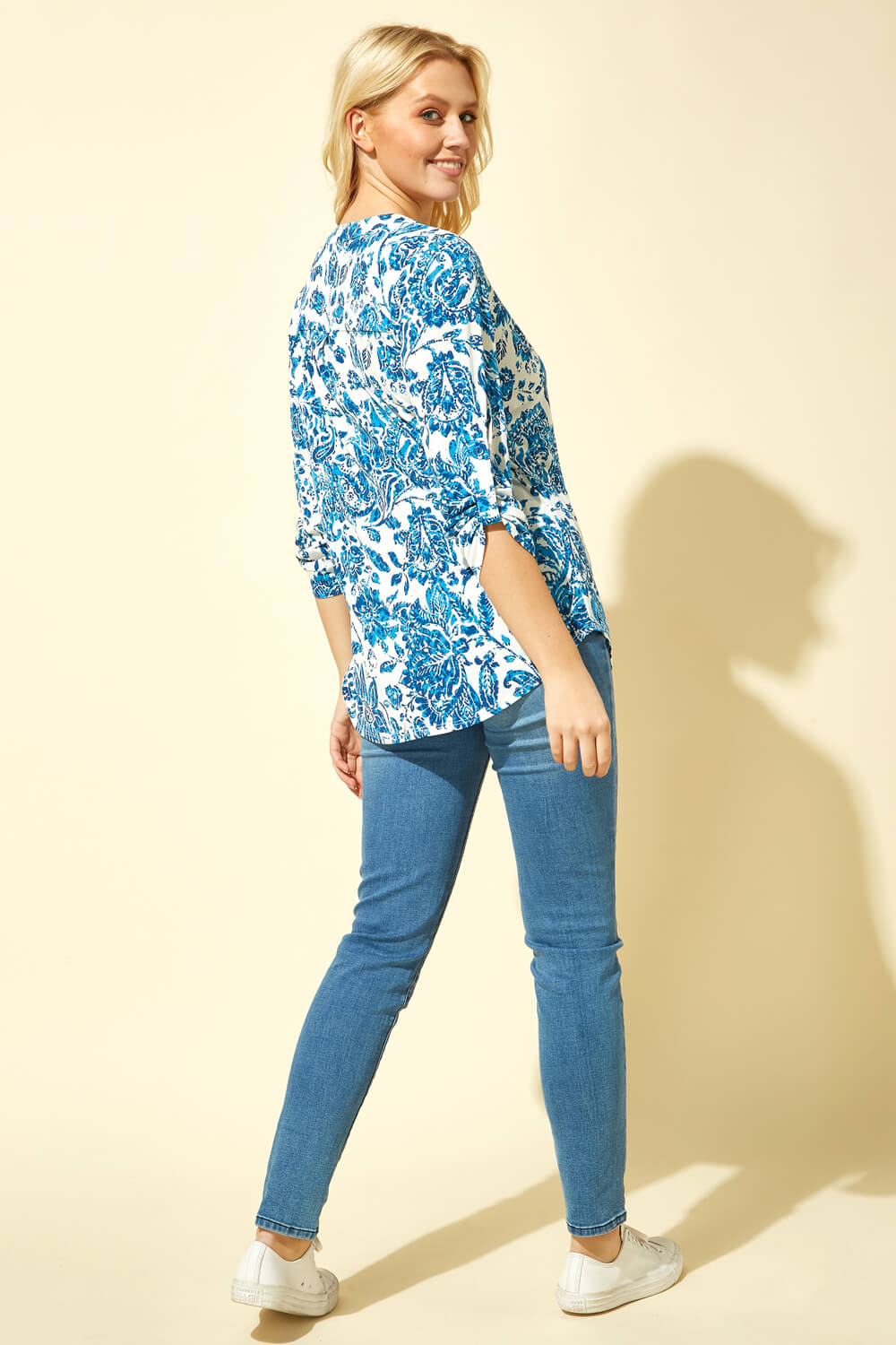 Blue Floral Paisley Notch Neck Top, Image 3 of 4