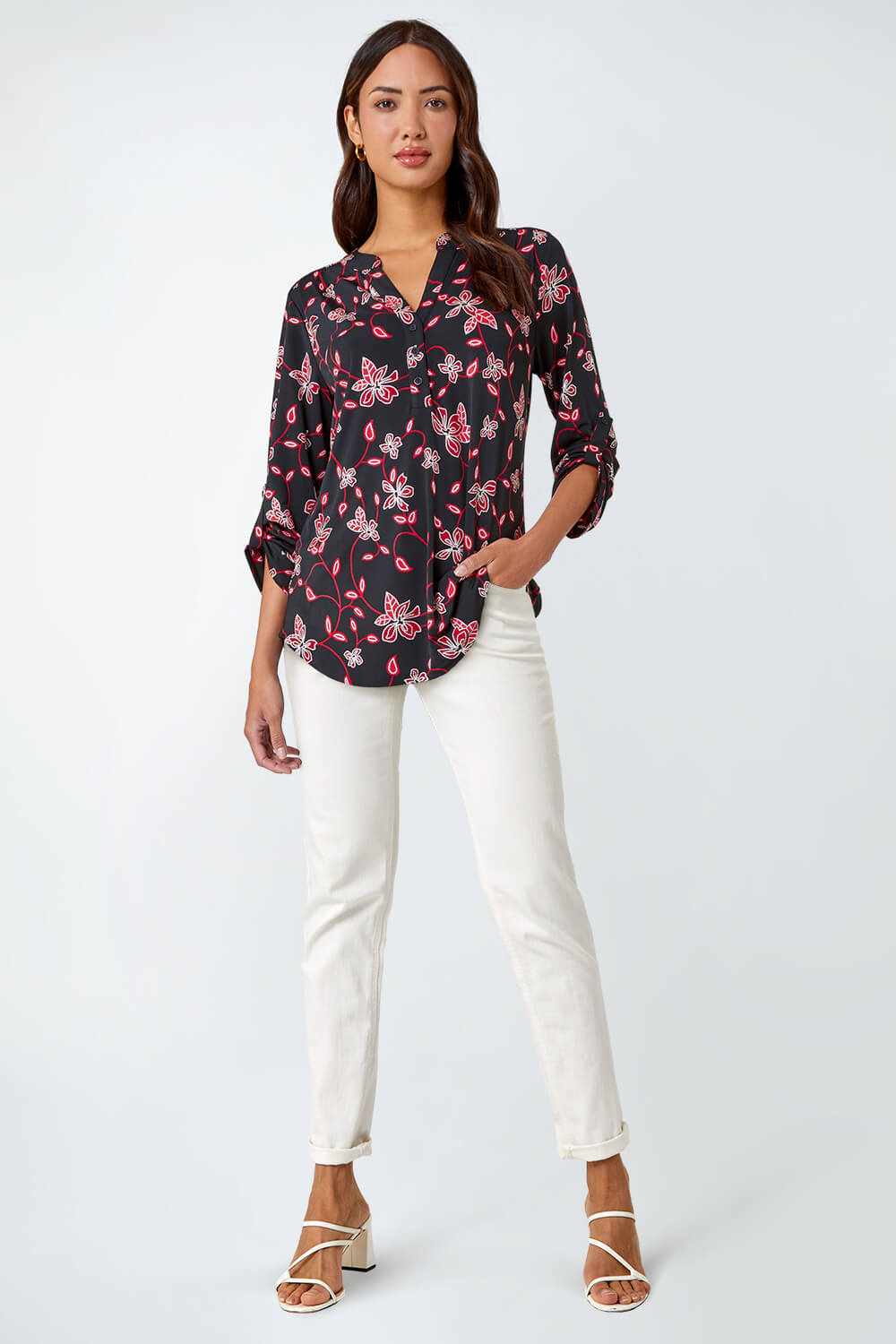Red Textured Floral Stretch Jersey Shirt, Image 2 of 5