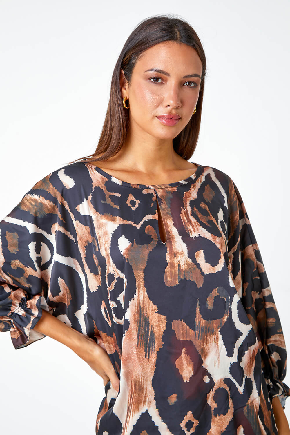 Neutral Abstract Print Blouson Sleeve Top | Roman UK